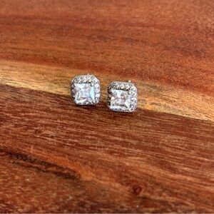 925 Silver Princess Cut CZ Stud Earrings for Women Square Halo Diamond